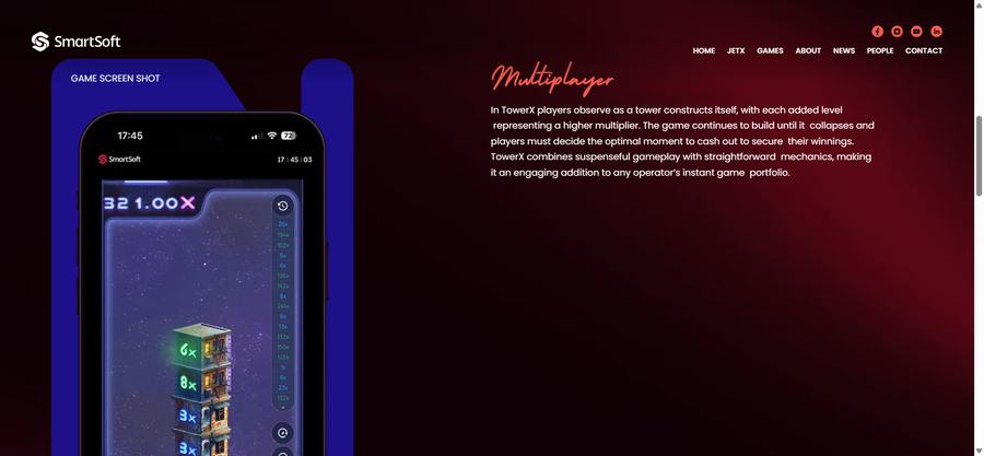 SmartSoft Gaming official website — Tower X page showing Smartsoft branding