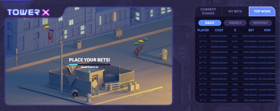 Tower X demo — interface panels: Recent Multipliers, Live Bet Table, Top Wins leaderboard