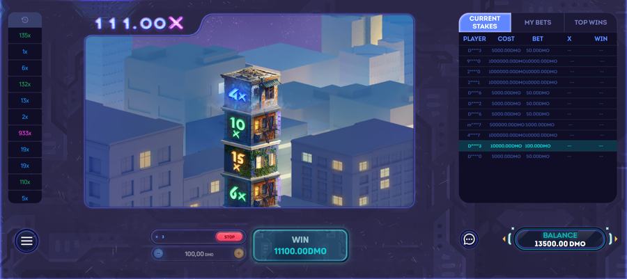 Tower X demo round — blocks landing, multipliers accumulating floor by floor