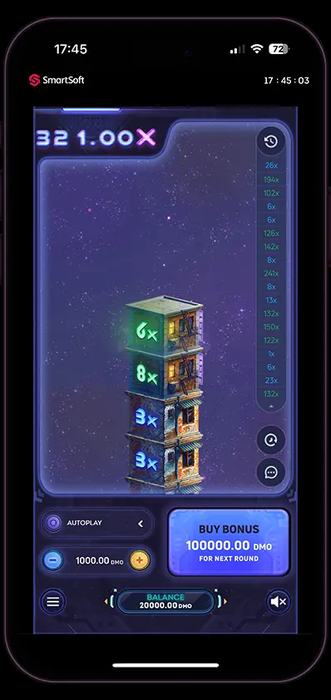 Tower X on mobile — portrait layout, all panels visible on phone screen