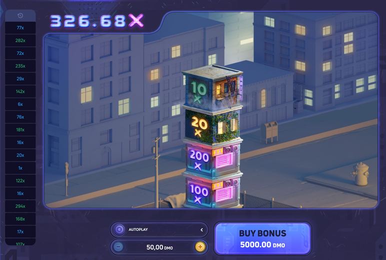 Tower X &mdash; multiplier climbing to 326x as blocks stack