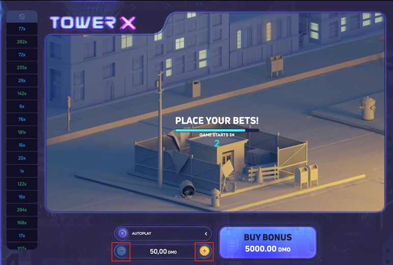 Tower X &mdash; Place Your Bets screen