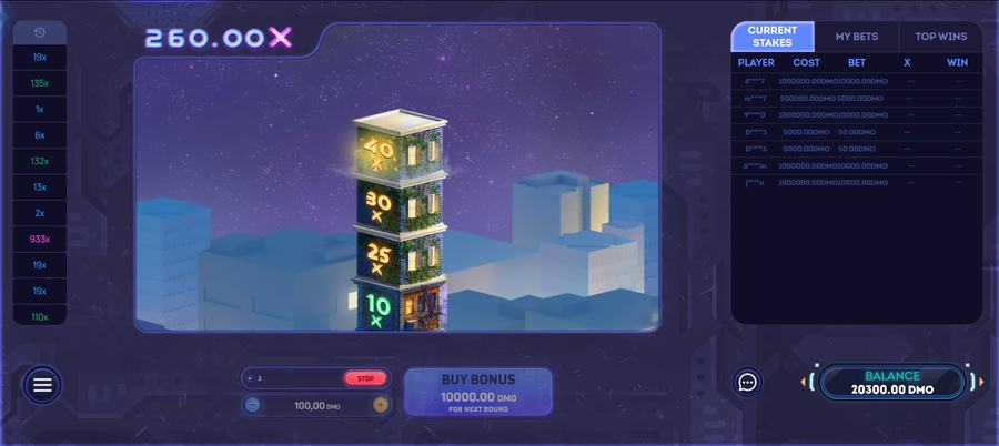 Tower X gameplay — RNG-controlled round, no cashout button, automatic settlement