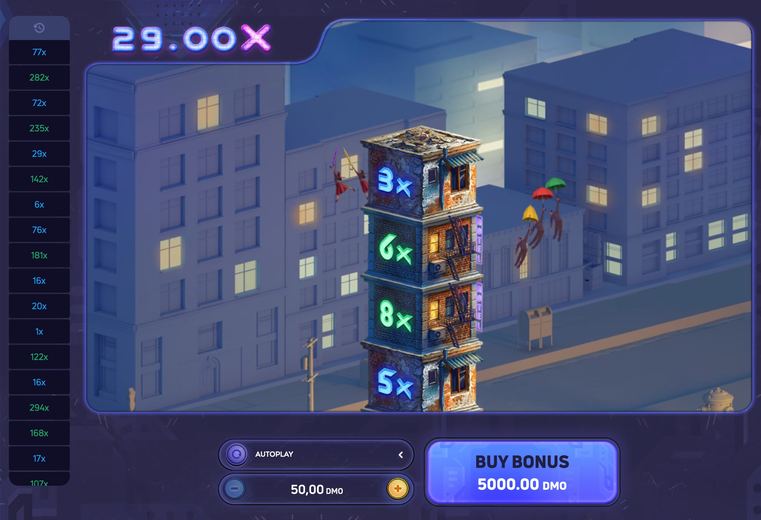 Tower X &mdash; round over, figures jump off the tower with umbrellas